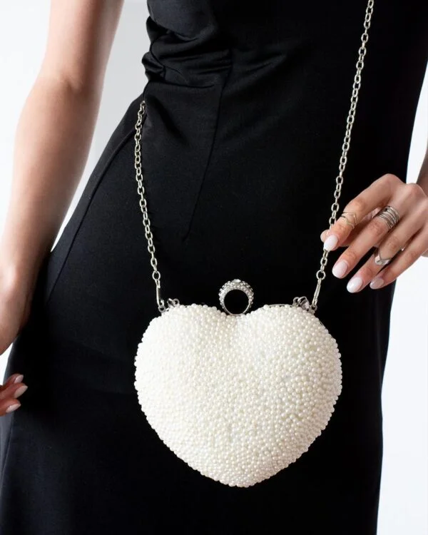 İmpolo Ella Kalp İnci Beyaz Kadın  Abiye El Çanta 19x20 Ebat