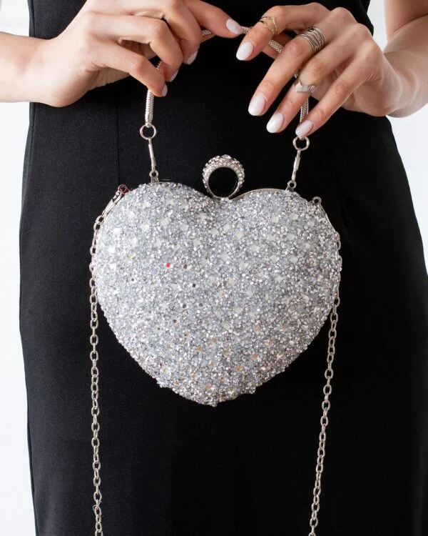 İmpolo Ella Kalp Taşlı Gümüş Kadın Abiye El Çanta 19x20 Ebat
