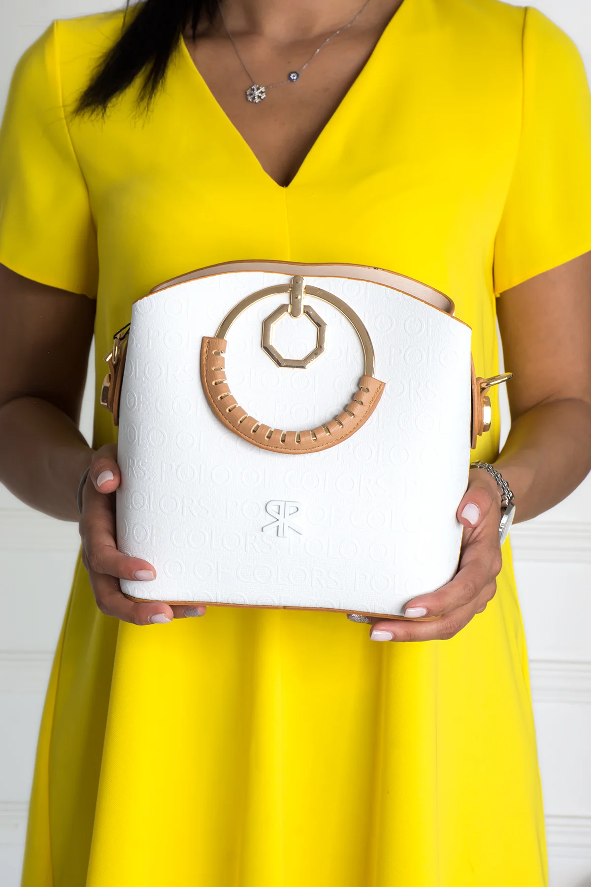 İmpolo Sophia Çember Saplı  Üç Gözlü P.Beyaz Omuz El Çanta 22x25 Ebat