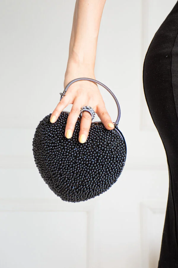 İmpolo Ella Kalp İnci Siyah Kadın  Abiye El Çanta 19x20 Ebat