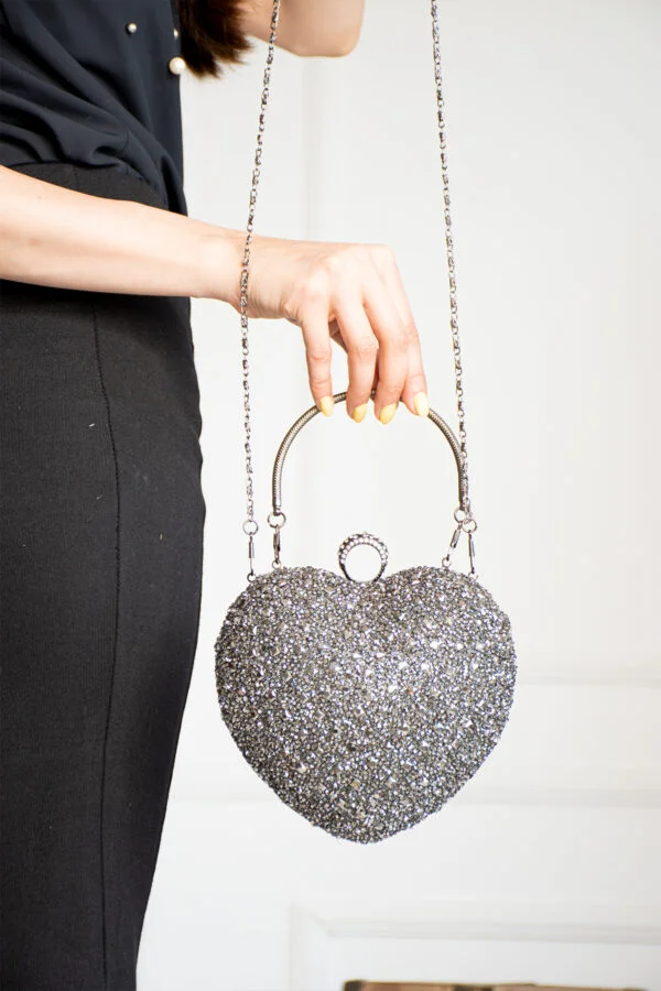 İmpolo Ella Kalp Taşlı Füme Kadın  Abiye El Çanta 19x20 Ebat