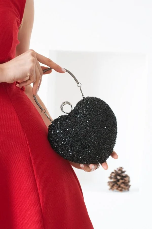 İmpolo Ella Kalp Taşlı Siyah Gümüş Kadın  Abiye El Çanta 19x20 Ebat