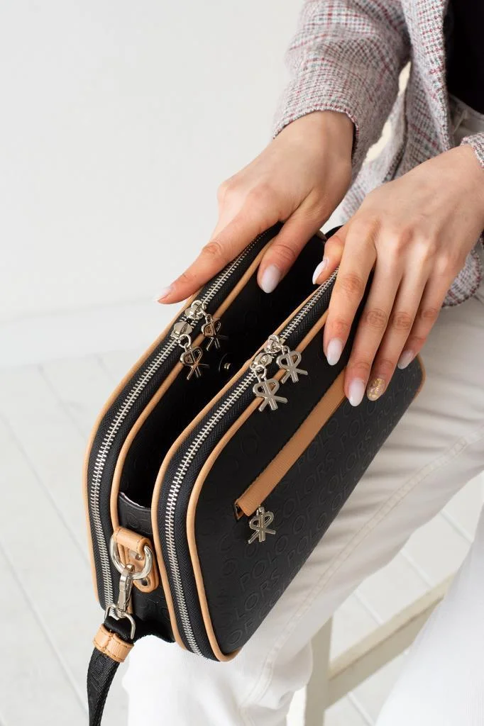 İmpolo Lili Ortaboy Üç gözlü Siyah kum Kadın Omuz Çanta - Görsel 4